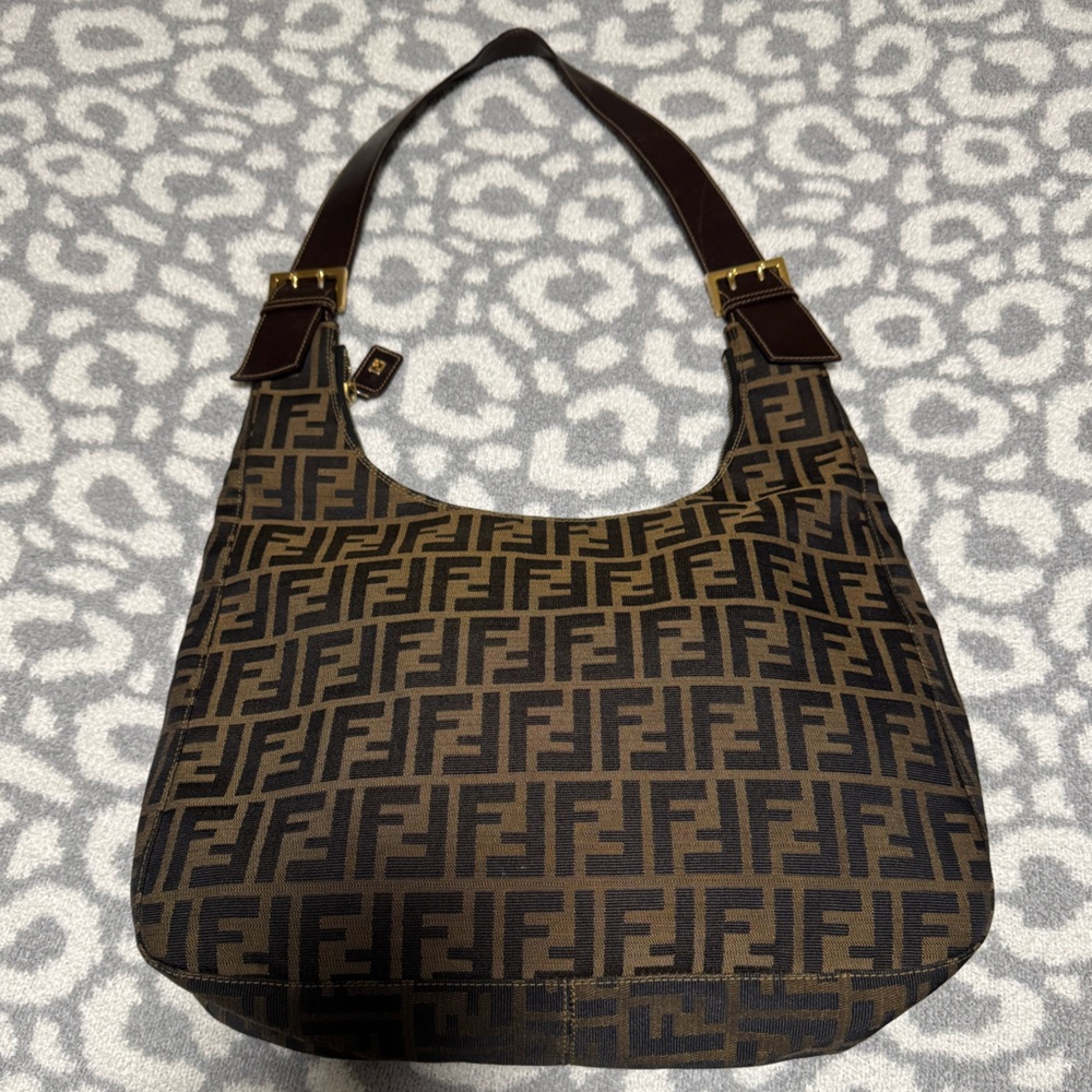 Fendi Zucca Iconic Logo Pattern Hobo Bag in Brown